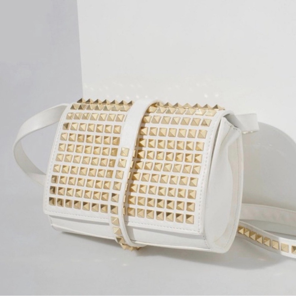 White and Gold Zara pyramid stud spiked crossbody handbag